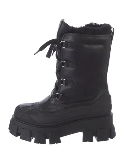 Pre-owned Prada Leather Fur Trim Combat Boots In Black