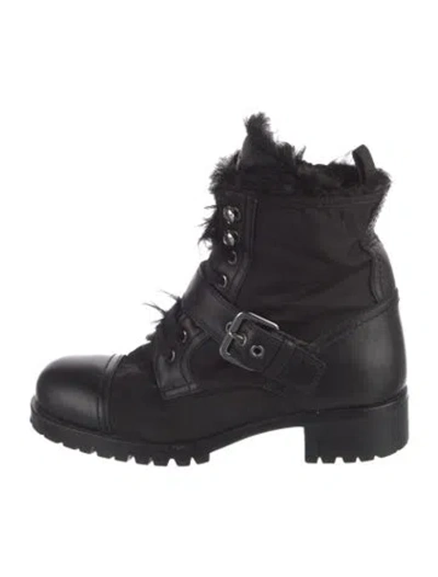 Pre-owned Prada Leather Fur Trim Combat Boots In Black