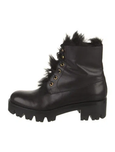 Pre-owned Prada Leather Fur Trim Combat Boots In Black