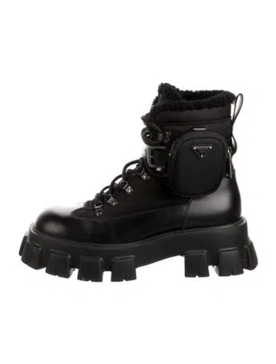 Pre-owned Prada Leather Fur Trim Combat Boots In Black
