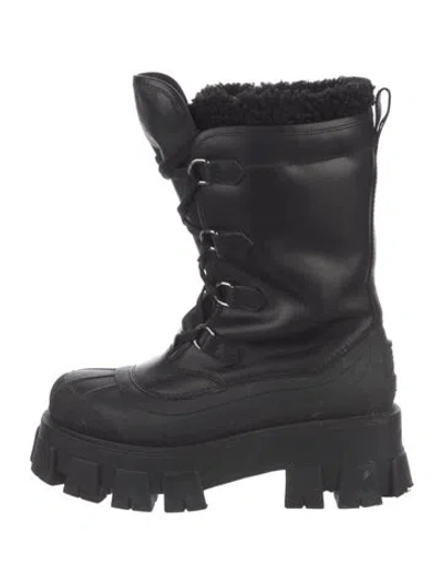 Pre-owned Prada Leather Fur Trim Combat Boots In Black