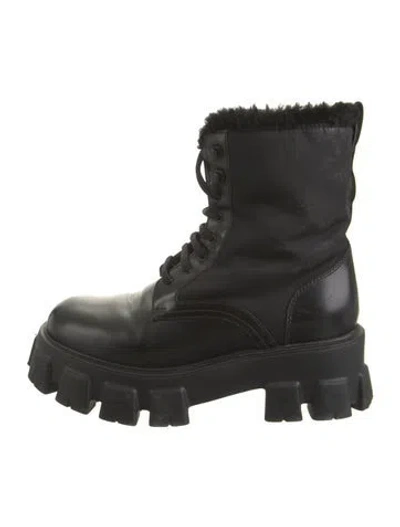 Pre-owned Prada Leather Fur Trim Combat Boots In Black