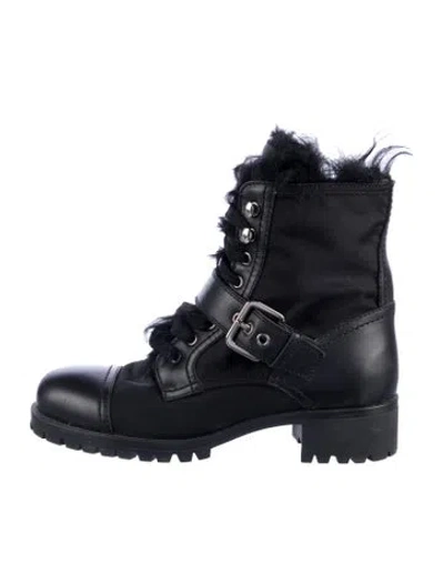 Pre-owned Prada Leather Fur Trim Combat Boots In Black/blue
