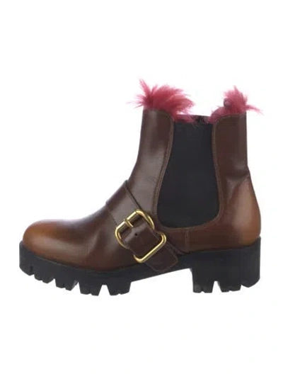 Pre-owned Prada Leather Fur Trim Combat Boots In Brown