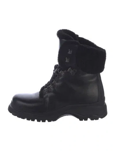 Pre-owned Prada Leather Fur Trim Hiking Boots In Black