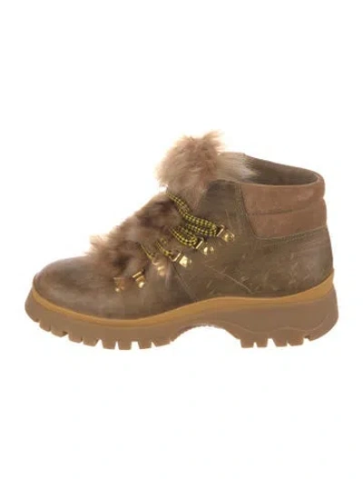 Pre-owned Prada Leather Fur Trim Hiking Boots In Neutral