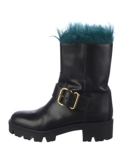 Pre-owned Prada Leather Fur Trim Moto Boots In Black