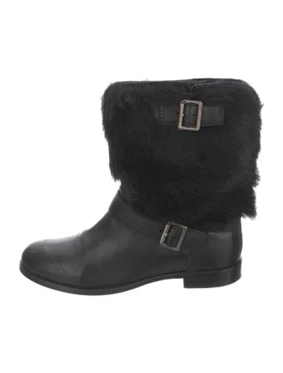 Pre-owned Prada Leather Fur Trim Moto Boots In Black