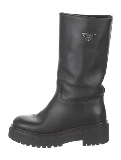 Pre-owned Prada Leather Fur Trim Moto Boots In Black