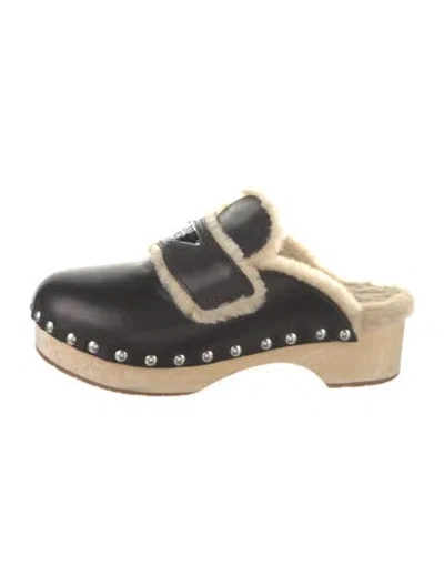 Pre-owned Prada Leather Fur Trim Mules In Brown