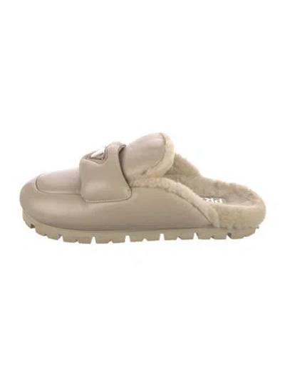 Pre-owned Prada Leather Fur Trim Mules In Neutral