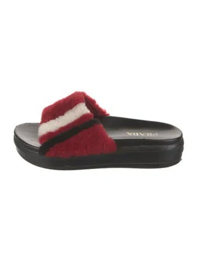 Pre-owned Prada Leather Fur Trim Slides In Red