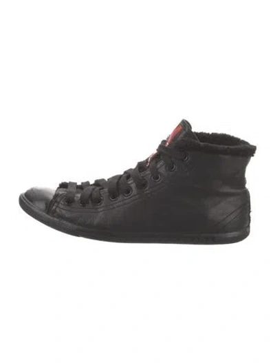 Pre-owned Prada Leather Fur Trim Sneakers In Black