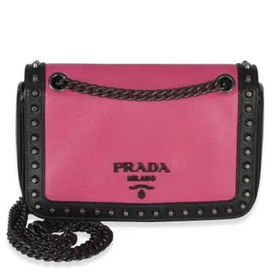 Pre-owned Prada Leather Glace Studded Chain Flap In Black