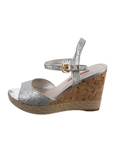 Pre-owned Prada Leather Glitter Accents Sandals In Silver