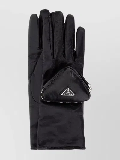 Prada Leather Gloves With Zippered Pocket And Stitched Detailing In Black
