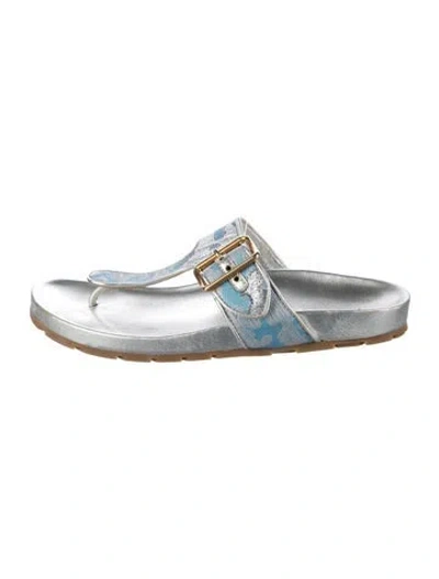 Pre-owned Prada Leather Graphic Print Flip Flops In Blue