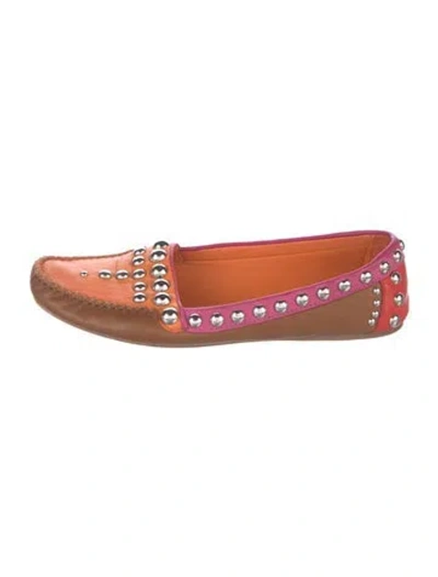 Pre-owned Prada Leather Graphic Print Loafers In Brown/orange