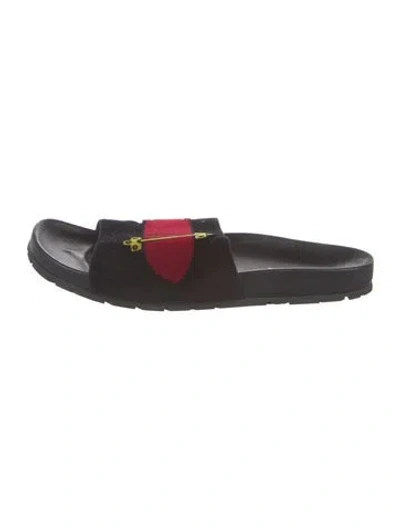 Pre-owned Prada Leather Graphic Print Slides In Black