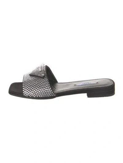 Pre-owned Prada Leather Graphic Print Slides In Black/metallic