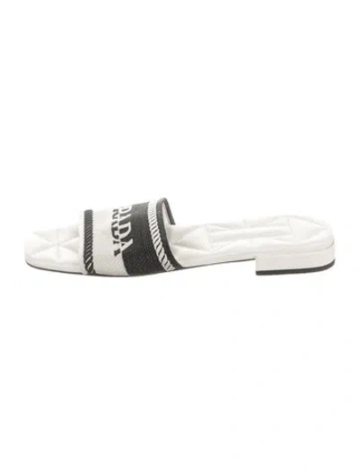 Pre-owned Prada Leather Graphic Print Slides In White