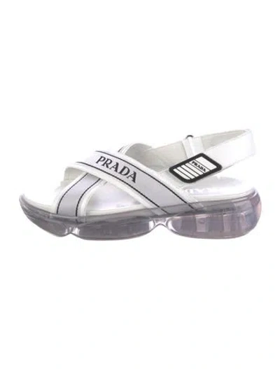Pre-owned Prada Leather Graphic Print Slingback Sandals In White