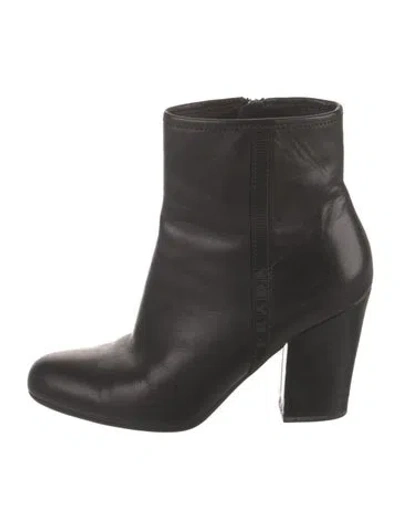 Pre-owned Prada Leather Grosgrain Trim Boots In Black