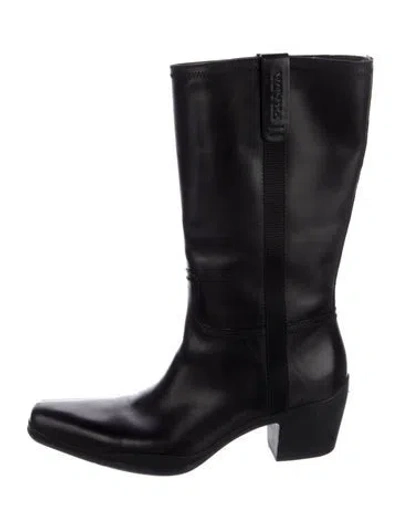 Pre-owned Prada Leather Grosgrain Trim Boots In Black