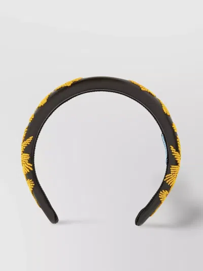PRADA LEATHER HAIRBAND WITH EMBROIDERED FLORAL MOTIF