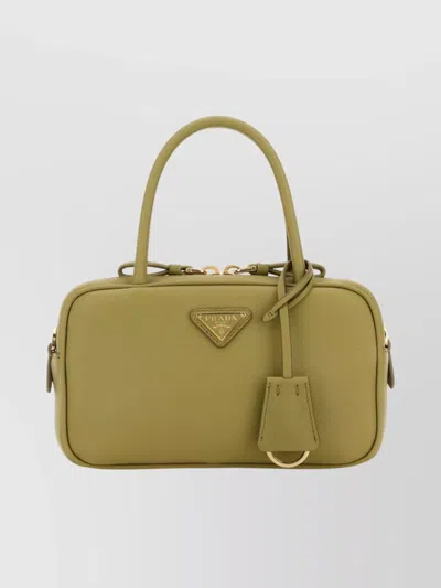 PRADA LEATHER HANDBAG WITH DETACHABLE TAG AND TOP HANDLES