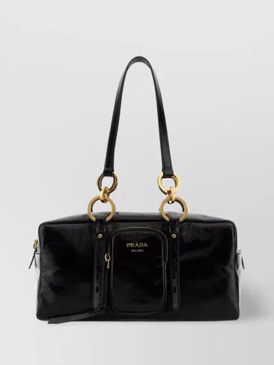 PRADA LEATHER HANDBAG WITH DOUBLE HANDLES AND FRONT POCKET