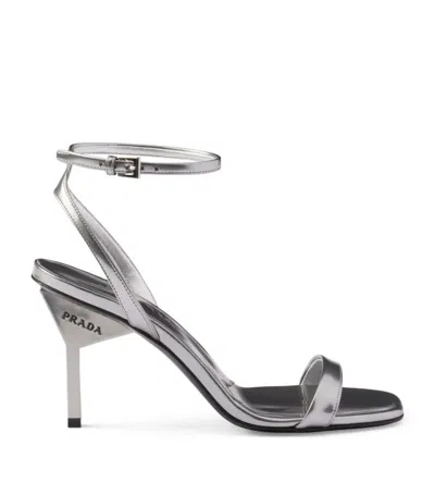 Prada 85mm Metallic-leather Sandals In Silver