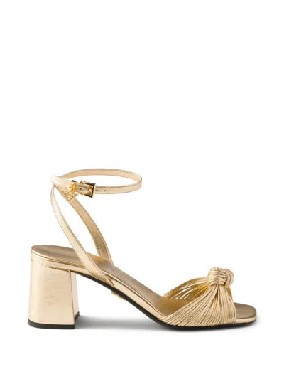 Prada Leather Heeled Sandals In Gold