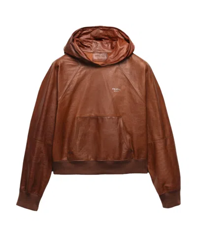 Prada Leather Hoodie In Black Dalbergia