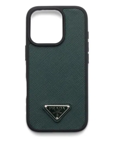 Prada Men's Iphone 16 Pro Leather Triangle Logo Case In Green