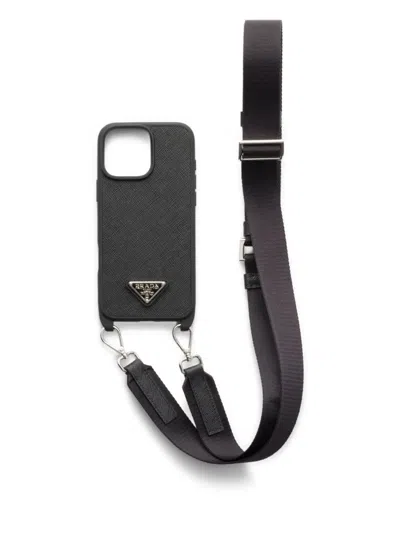 Prada Leather Iphone 16 Pro Max Case In Schwarz