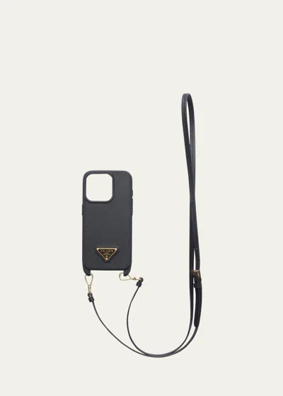 Prada Leather Iphone Case With Strap In F0002 Nero