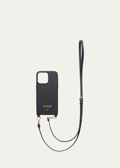 Prada Leather Iphone Case With Strap In F0002 Nero