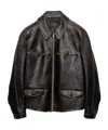 Prada Leather Jacket Long Sleeves Buttoned Pockets Tabs In Black