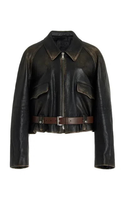 Prada Belted Leather Jacket In Black