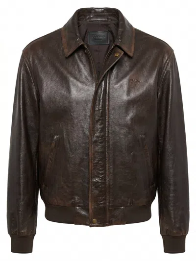 Prada Nappa Leather Bomber Jacket In Brown