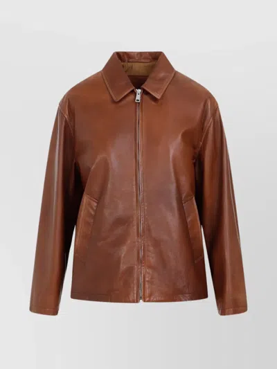 Prada Enamel-logo Leather Jacket In Brown