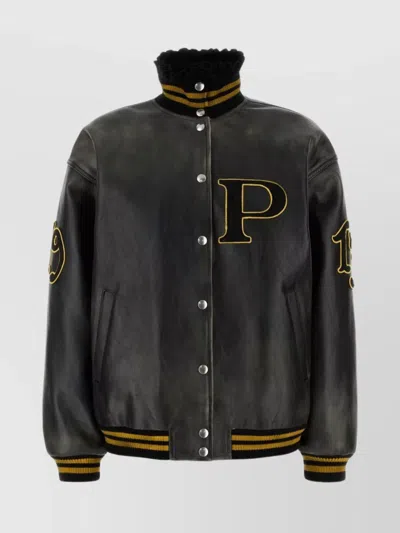 Prada Leather Bomber Jacket In Black