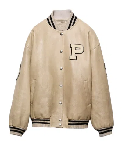 PRADA LEATHER BOMBER JACKET WITH PATCH