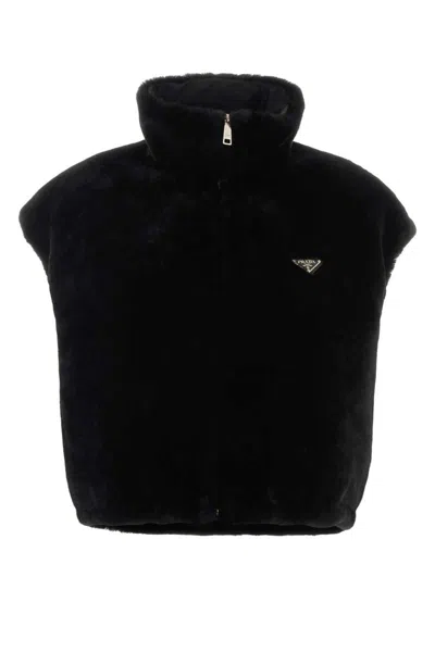 Prada Reversible Fur Jacket Sleeveless High Collar In Black