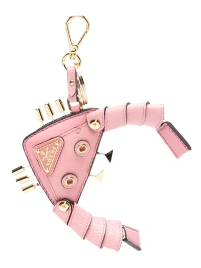 Prada Logo-plaque Saffiano-leather Keychain In Pink