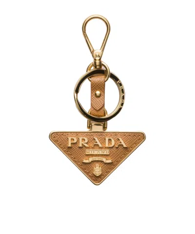 Prada Saffiano Leather And Metal Keychain In Natural
