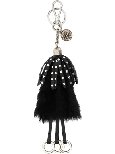 Prada Calf Hair And Leather Keyring With Fur Detailing In Black