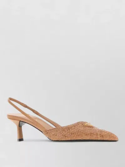 Prada Leather Kitten Heel Slingback Mules Pointed Toe In Brown