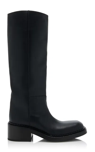 Prada Leather Square-toe Tall Moto Boots In Black